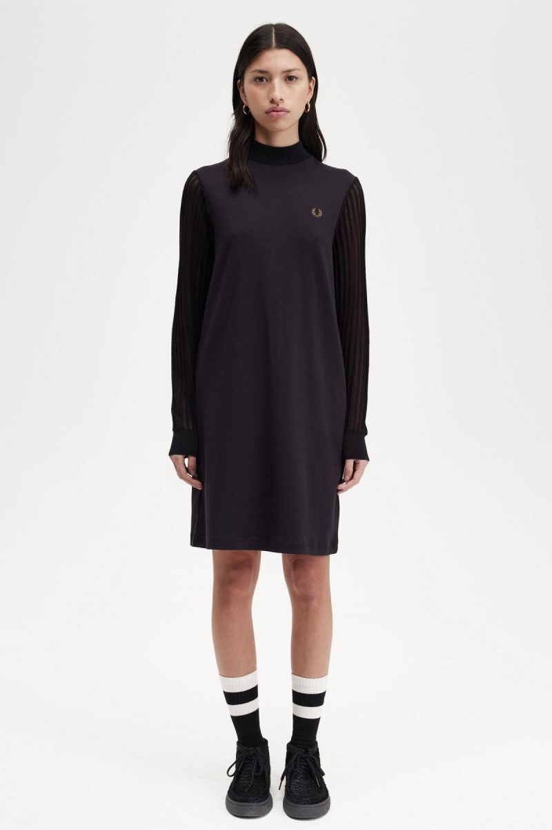 Fred Perry Sheer Sleeve Mock Neck Kleid Damen Schwarz | MCHFT52879
