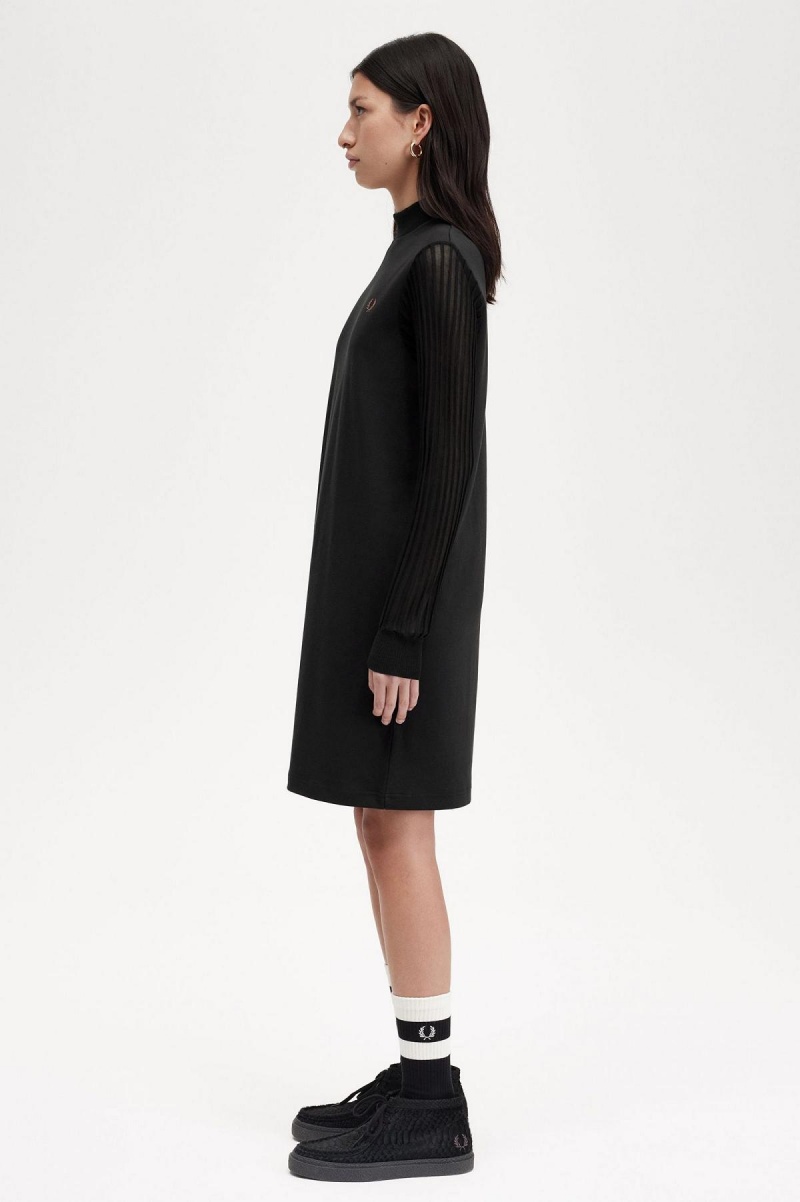 Fred Perry Sheer Sleeve Mock Neck Kleid Damen Schwarz | MCHFT52879