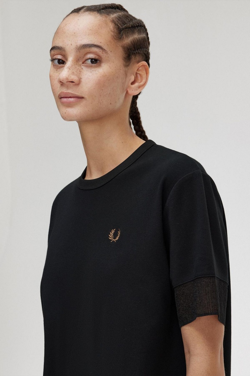 Fred Perry Sheer Trim Piqué T-shirts Damen Schwarz | CHJVR31218