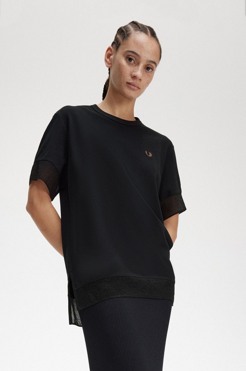 Fred Perry Sheer Trim Piqué T-shirts Damen Schwarz | CHJVR31218