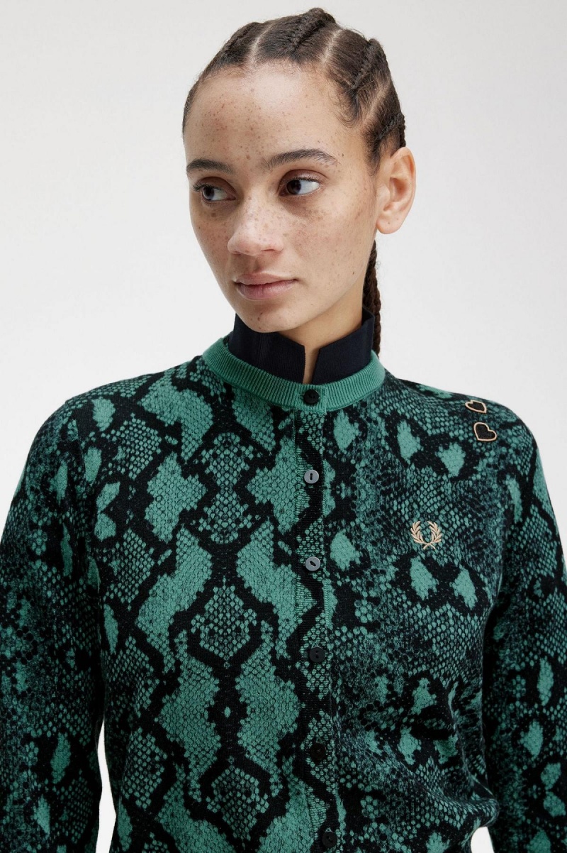 Fred Perry Snake Print Cardigan Strickwaren Damen Tiefesmintfarben | CHCVG92796