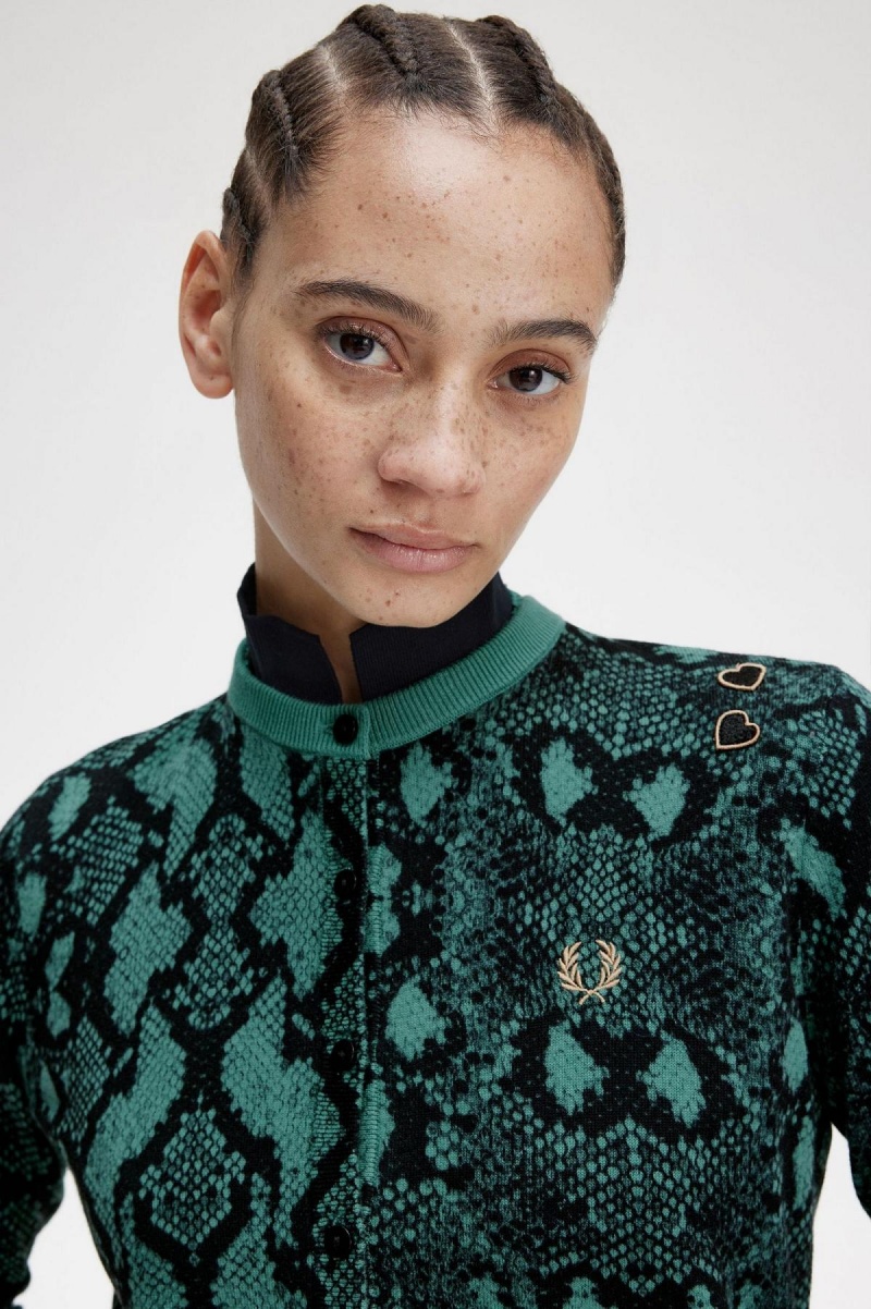 Fred Perry Snake Print Cardigan Strickwaren Damen Tiefesmintfarben | CHCVG92796