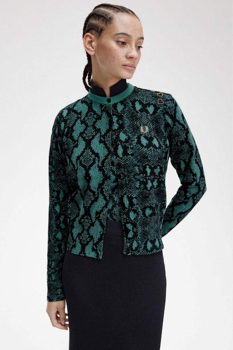 Fred Perry Snake Print Cardigan Strickwaren Damen Tiefesmintfarben | CHCVG92796