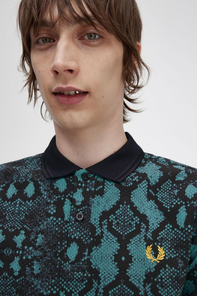 Fred Perry Snake Print Fred Perry Shirt Polo Shirts Herren Tiefesmintfarben | CHQAV63423