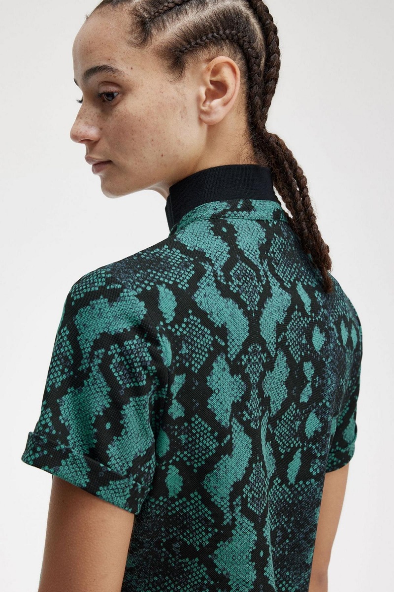 Fred Perry Snake Print Polo Shirts Damen Tiefesmintfarben | TCHPQ53407