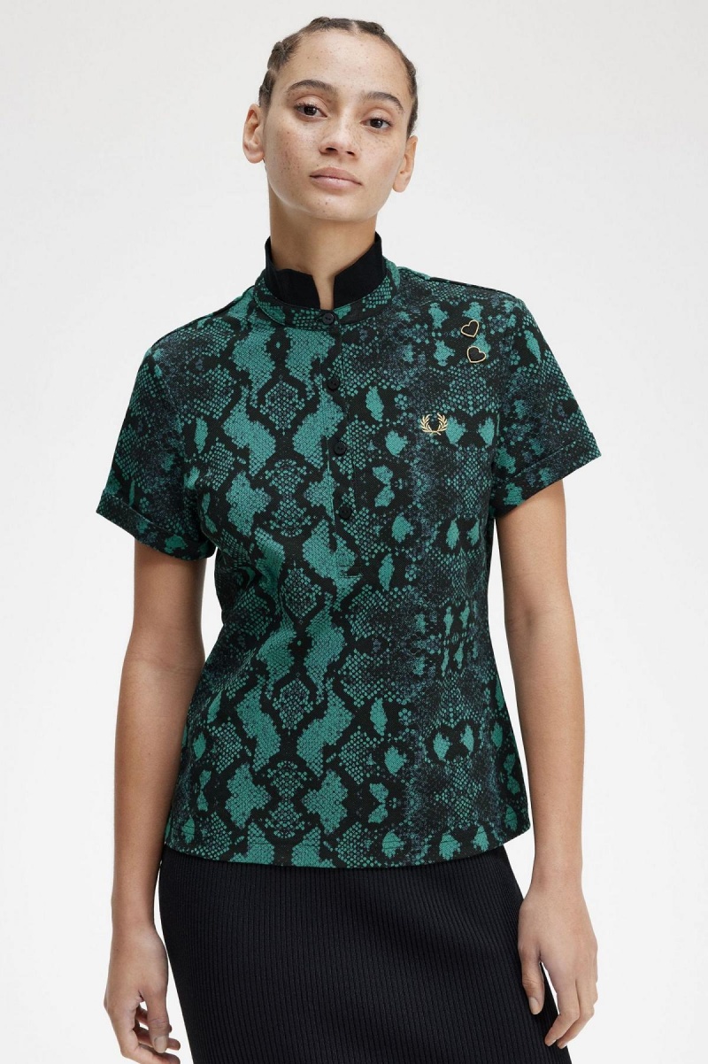 Fred Perry Snake Print Polo Shirts Damen Tiefesmintfarben | TCHPQ53407