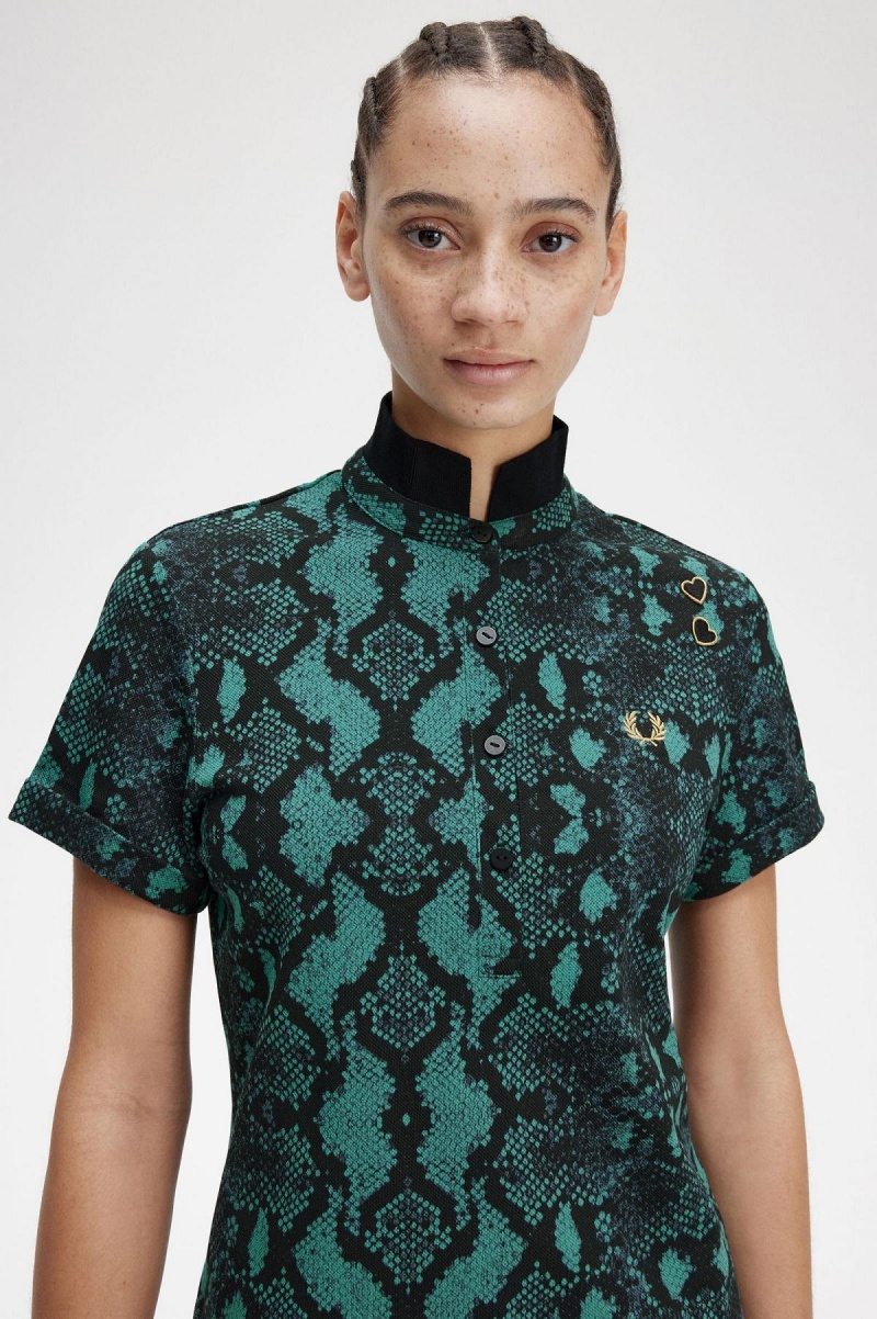 Fred Perry Snake Print Polo Shirts Damen Tiefesmintfarben | TCHPQ53407
