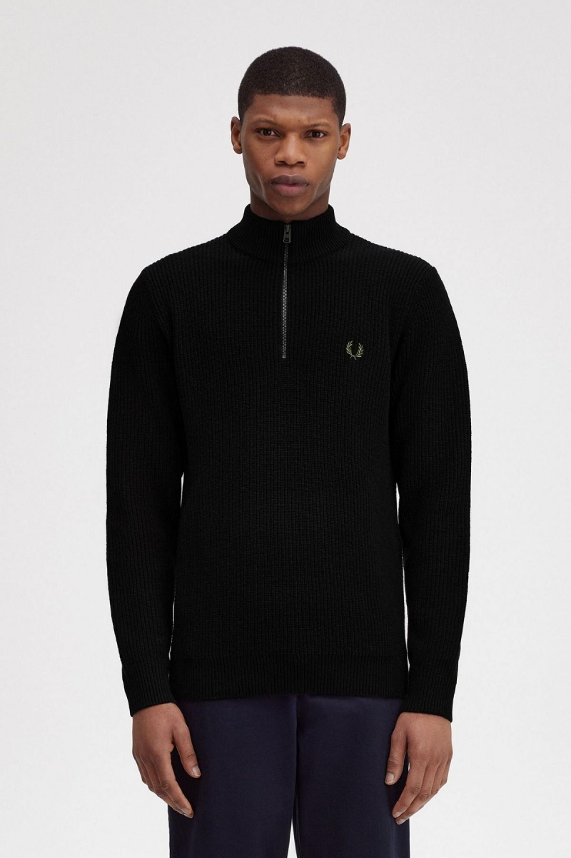 Fred Perry Textured Half Zip Jumper Strickwaren Herren Schwarz | PCHQX88070