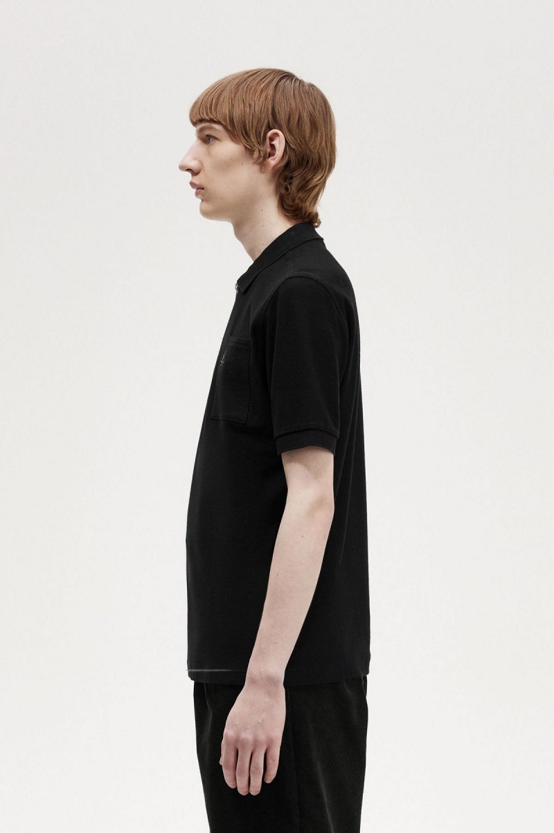 Fred Perry Textured Zip Neck Polo Shirt Polo Shirts Herren Schwarz | CHZPD20549