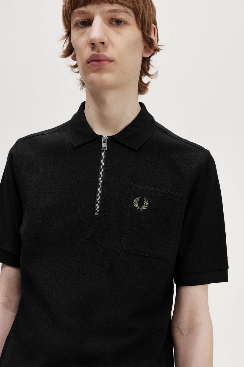 Fred Perry Textured Zip Neck Polo Shirt Polo Shirts Herren Schwarz | CHZPD20549