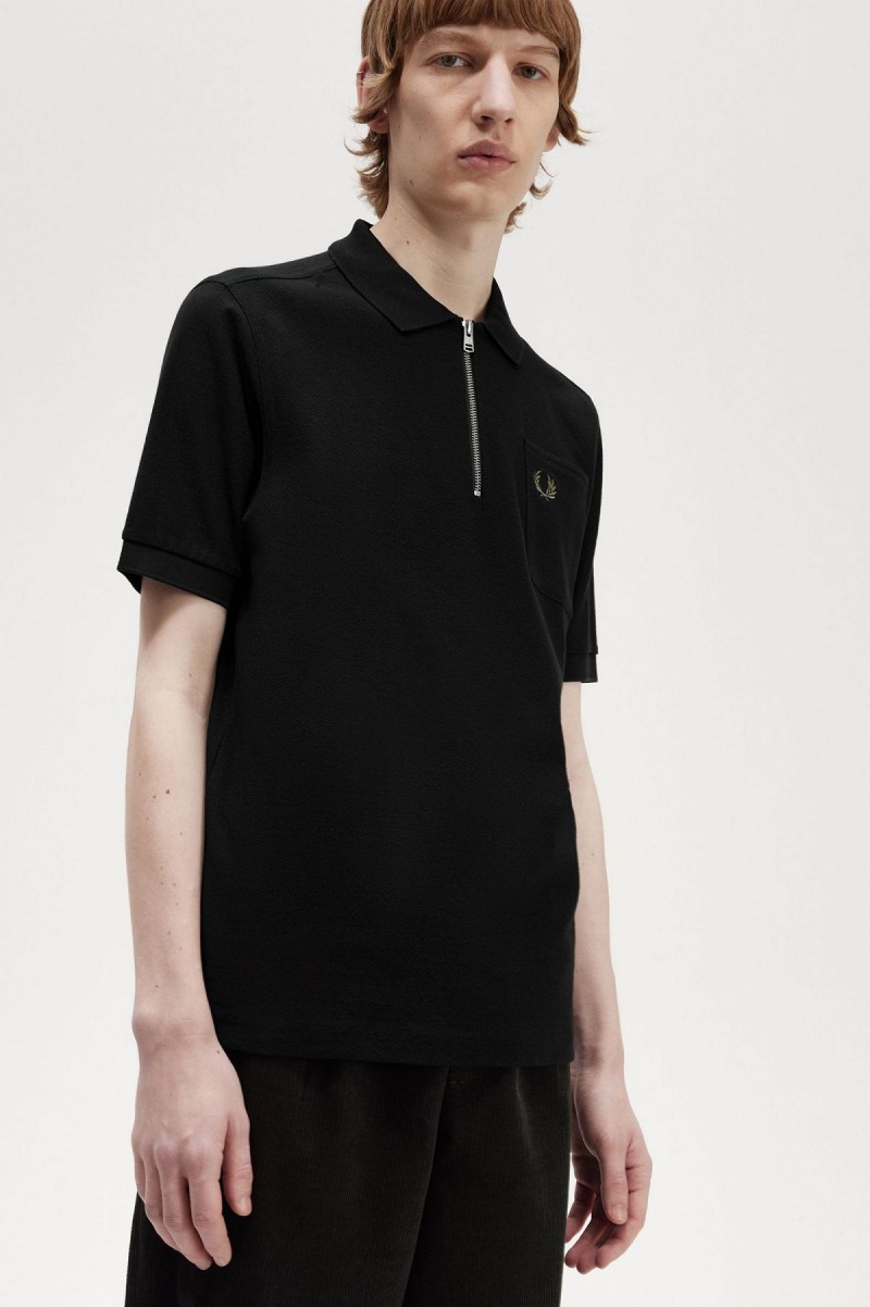 Fred Perry Textured Zip Neck Polo Shirt Polo Shirts Herren Schwarz | CHZPD20549