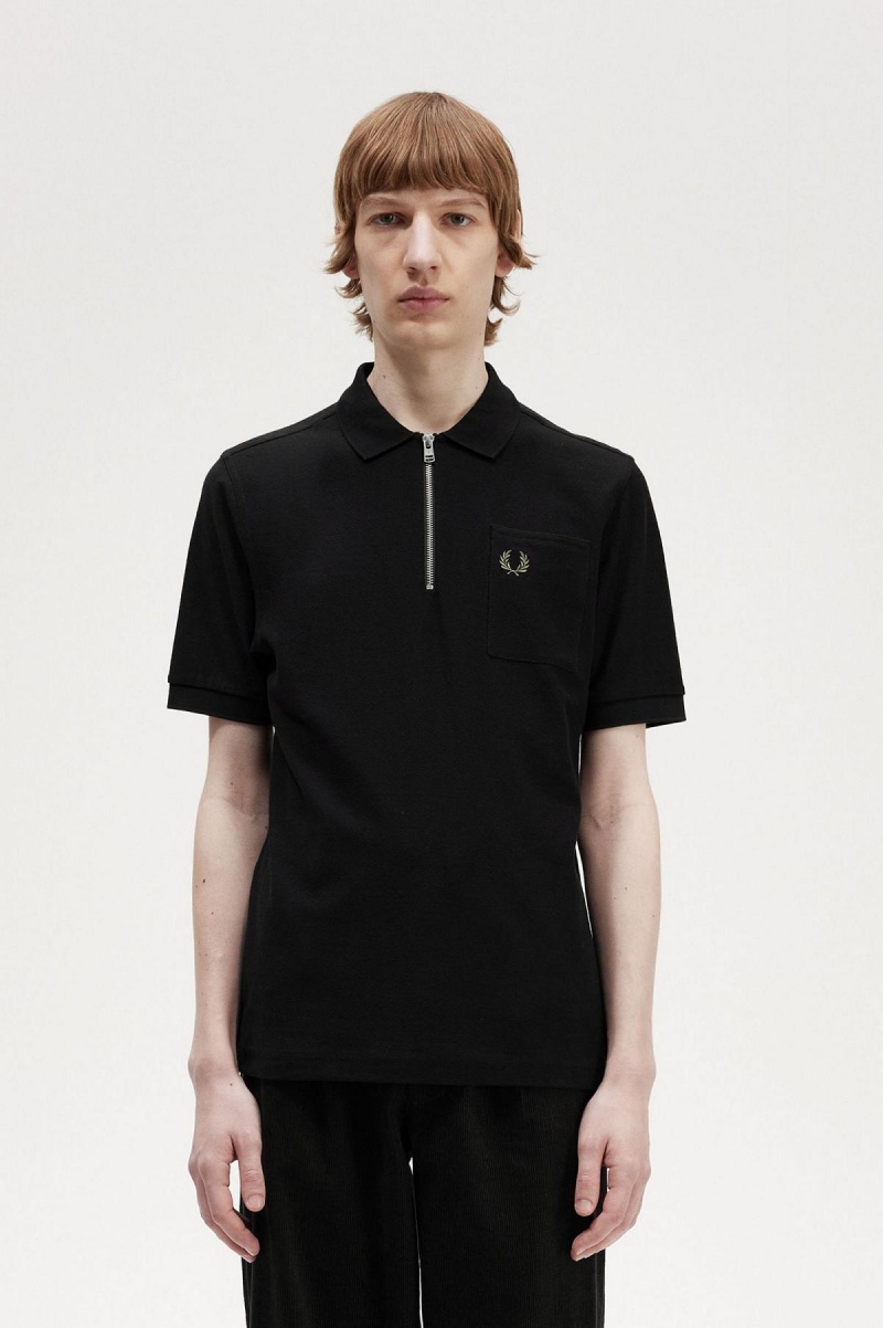 Fred Perry Textured Zip Neck Polo Shirt Polo Shirts Herren Schwarz | CHZPD20549
