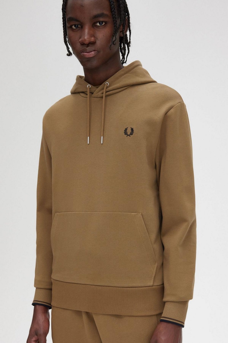 Fred Perry Tipped Mit Kapuze Sweatshirts Herren Shaded Stone / Burnt Tobacco | CHEGJ56817