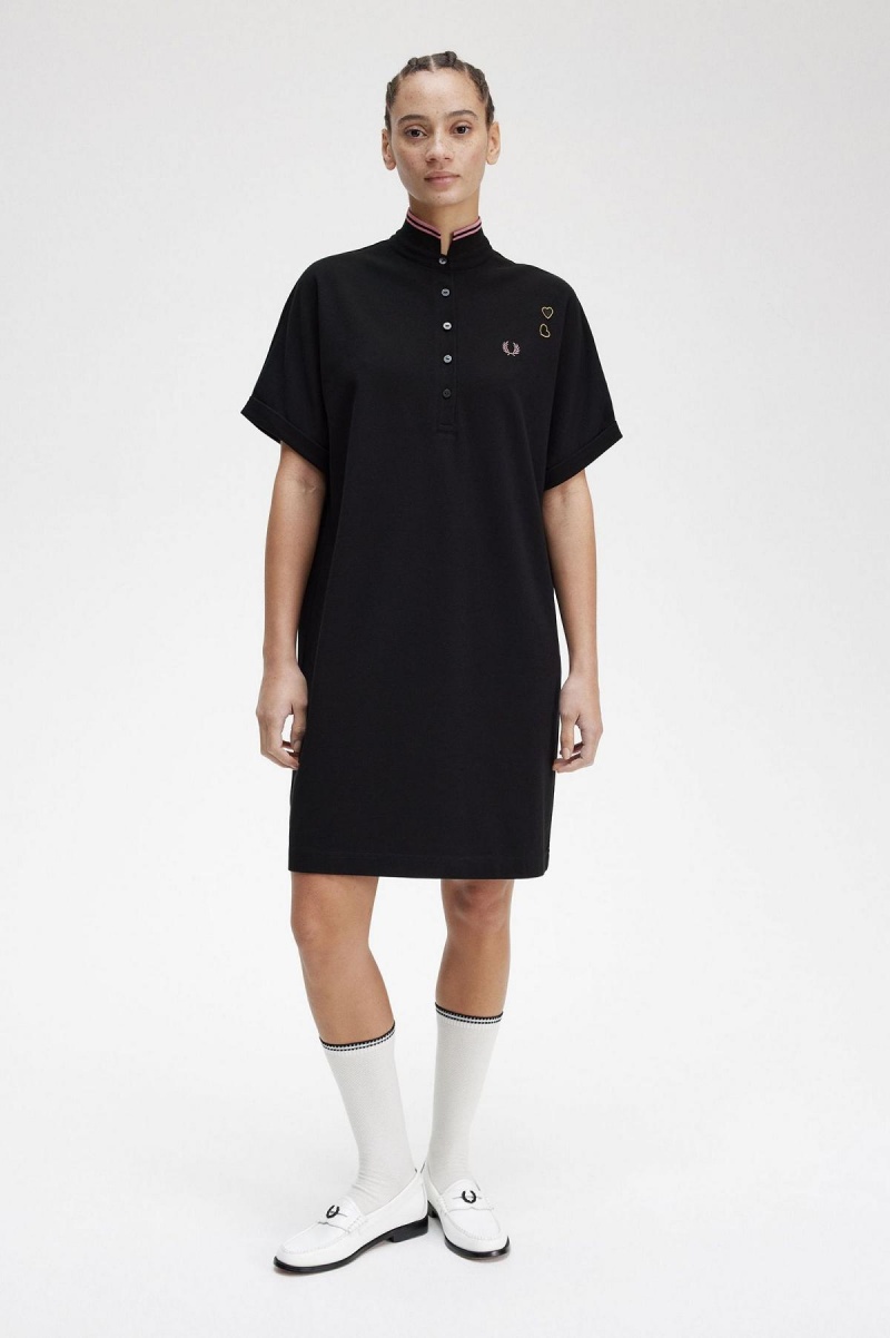 Fred Perry Tipped Piqué Shirt Kleid Damen Schwarz | CHDYB39305
