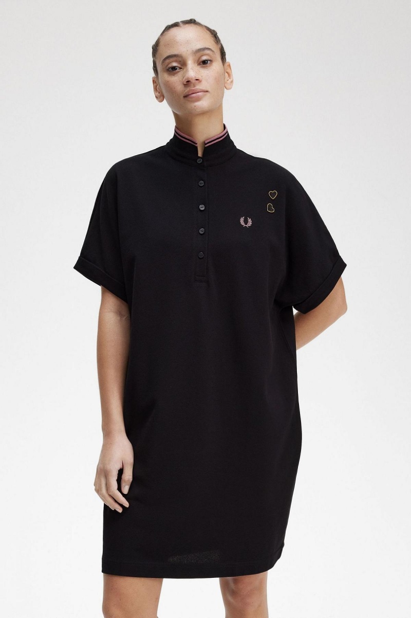 Fred Perry Tipped Piqué Shirt Kleid Damen Schwarz | CHDYB39305