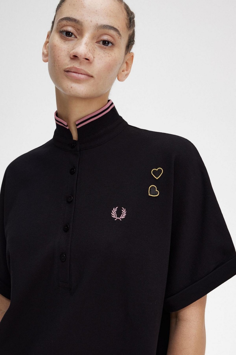 Fred Perry Tipped Piqué Shirt Kleid Damen Schwarz | CHDYB39305