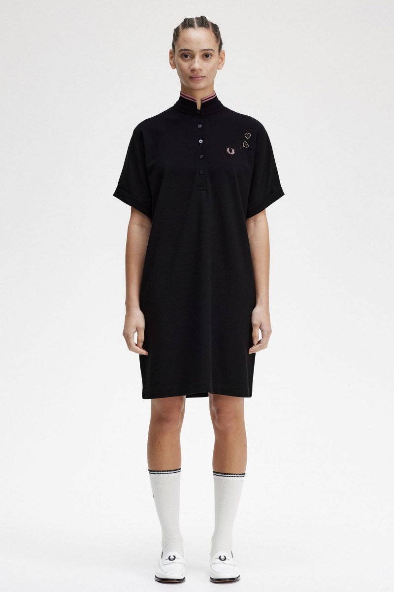 Fred Perry Tipped Piqué Shirt Kleid Damen Schwarz | CHDYB39305