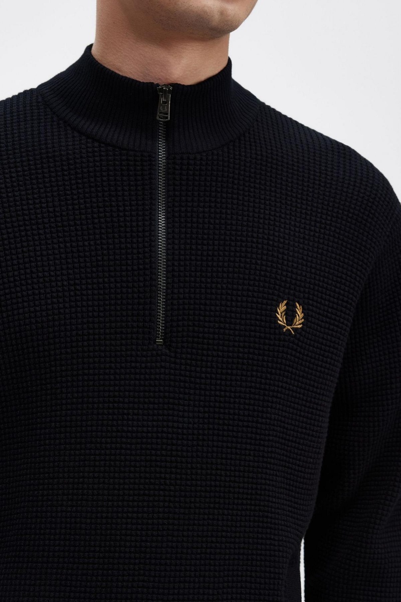 Fred Perry Waffle Stitch Half Zip Jumper Strickwaren Herren Navy | CHQAV71716