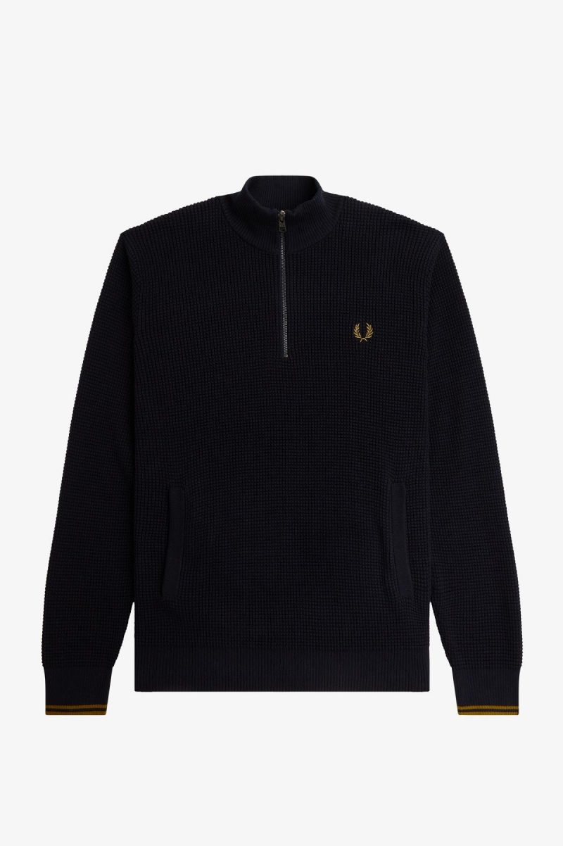 Fred Perry Waffle Stitch Half Zip Jumper Strickwaren Herren Navy | CHQAV71716