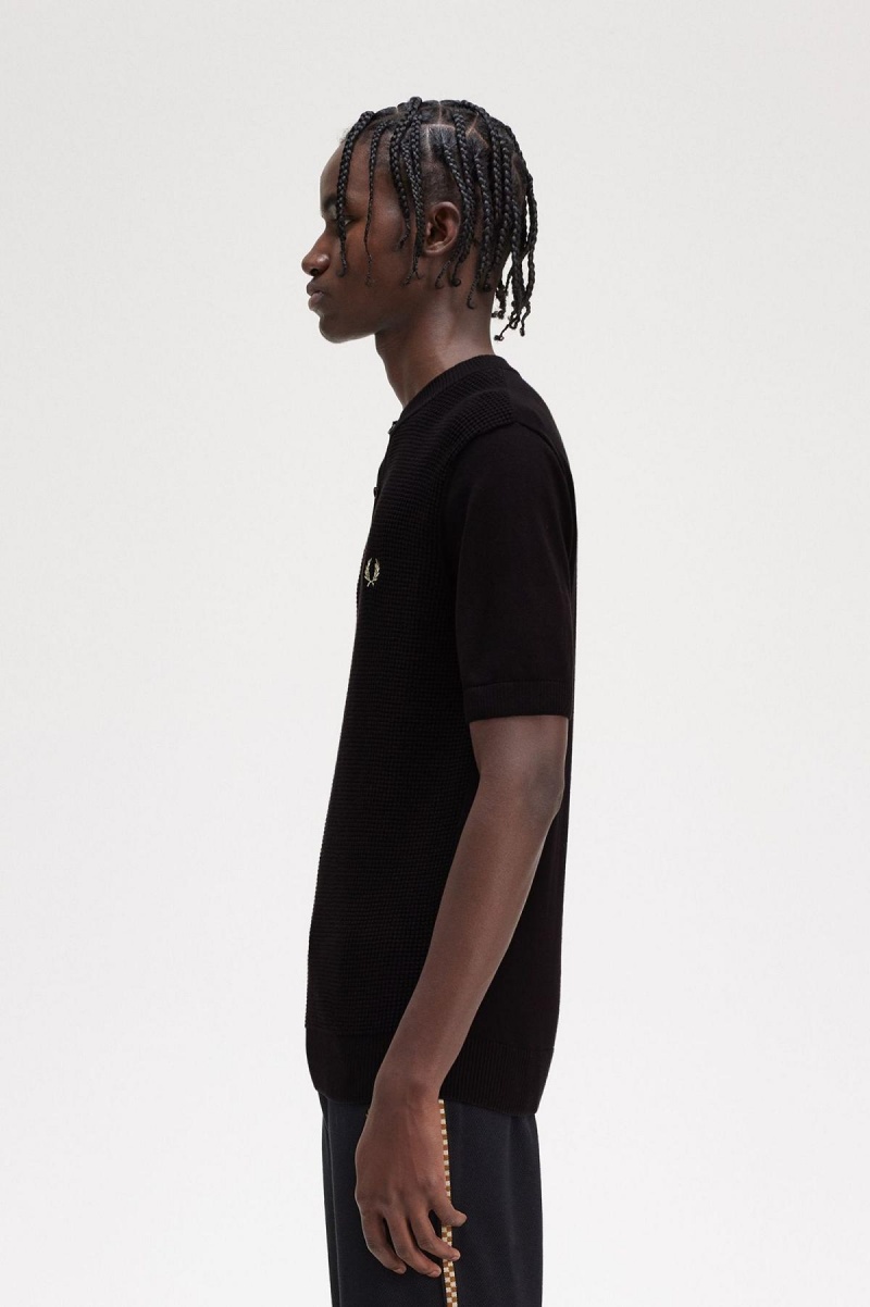 Fred Perry Waffle Stitch Henley Shirt Strickwaren Herren Schwarz | MCHHR28549