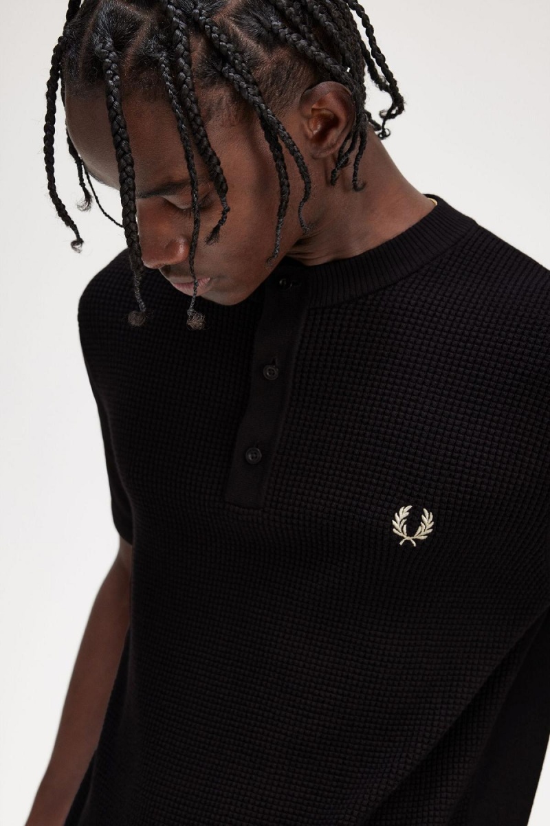 Fred Perry Waffle Stitch Henley Shirt Strickwaren Herren Schwarz | MCHHR28549