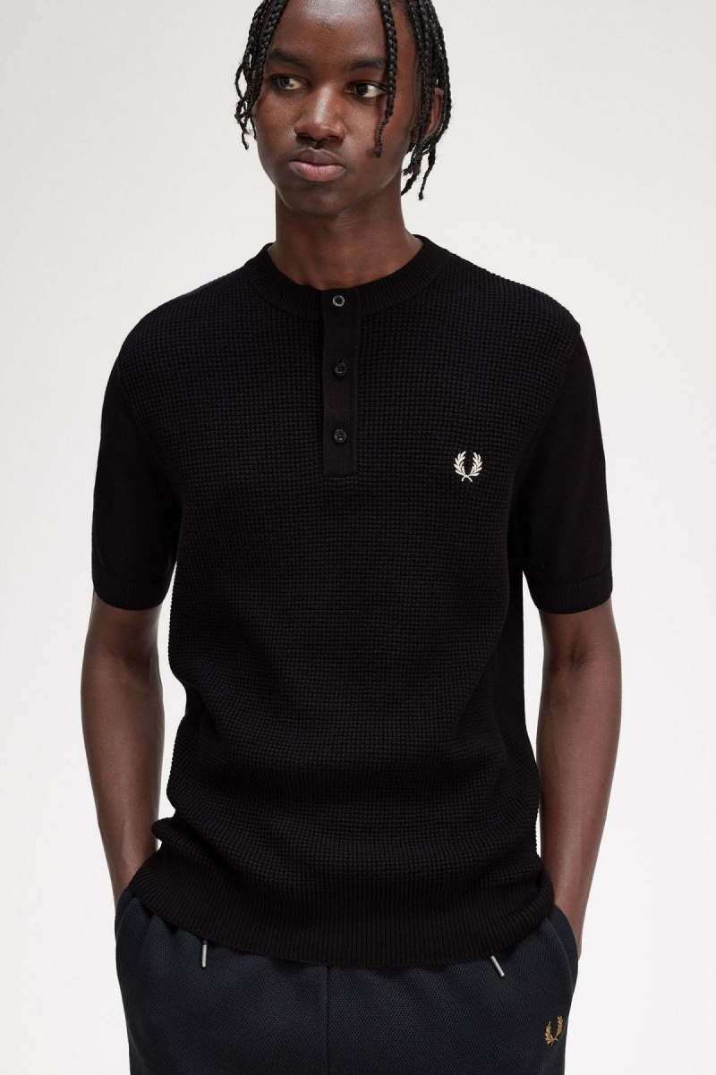 Fred Perry Waffle Stitch Henley Shirt Strickwaren Herren Schwarz | MCHHR28549