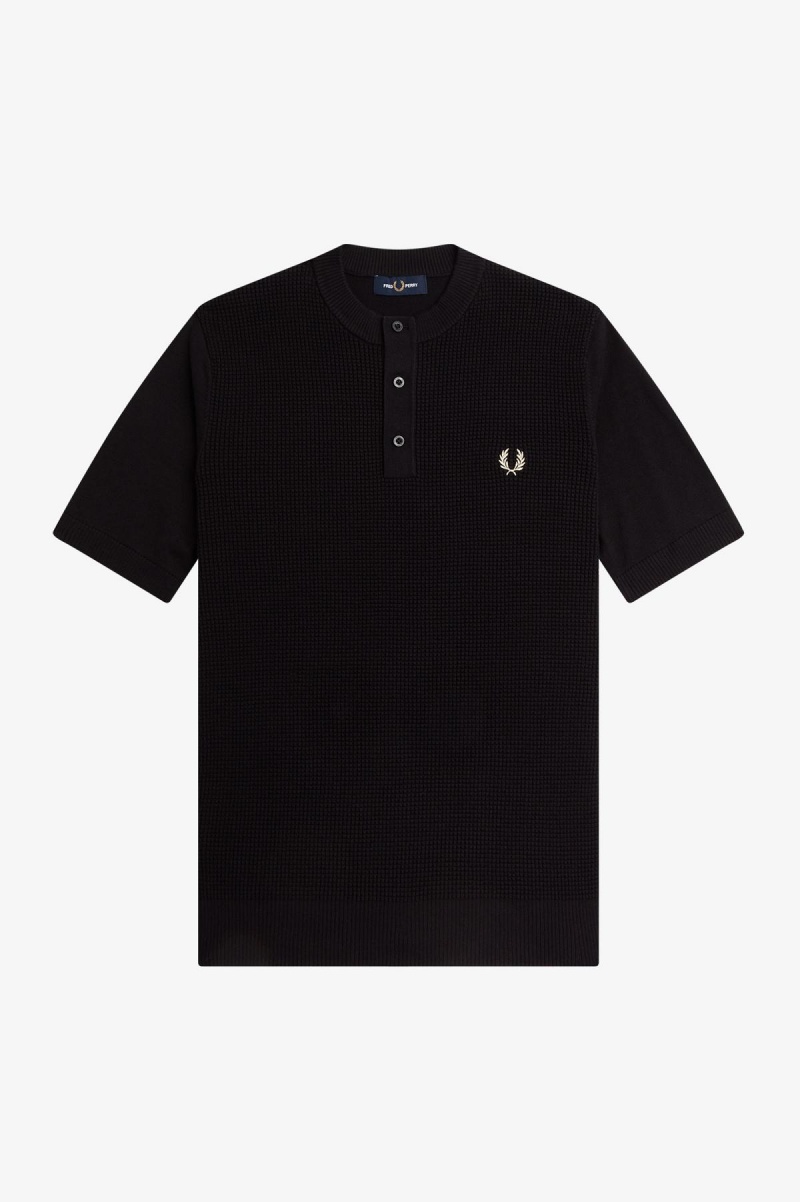 Fred Perry Waffle Stitch Henley Shirt Strickwaren Herren Schwarz | MCHHR28549