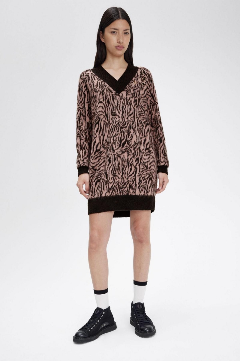 Fred Perry Zebra Gestrickt Kleid Damen Rosa Rosa | CHQCS98477
