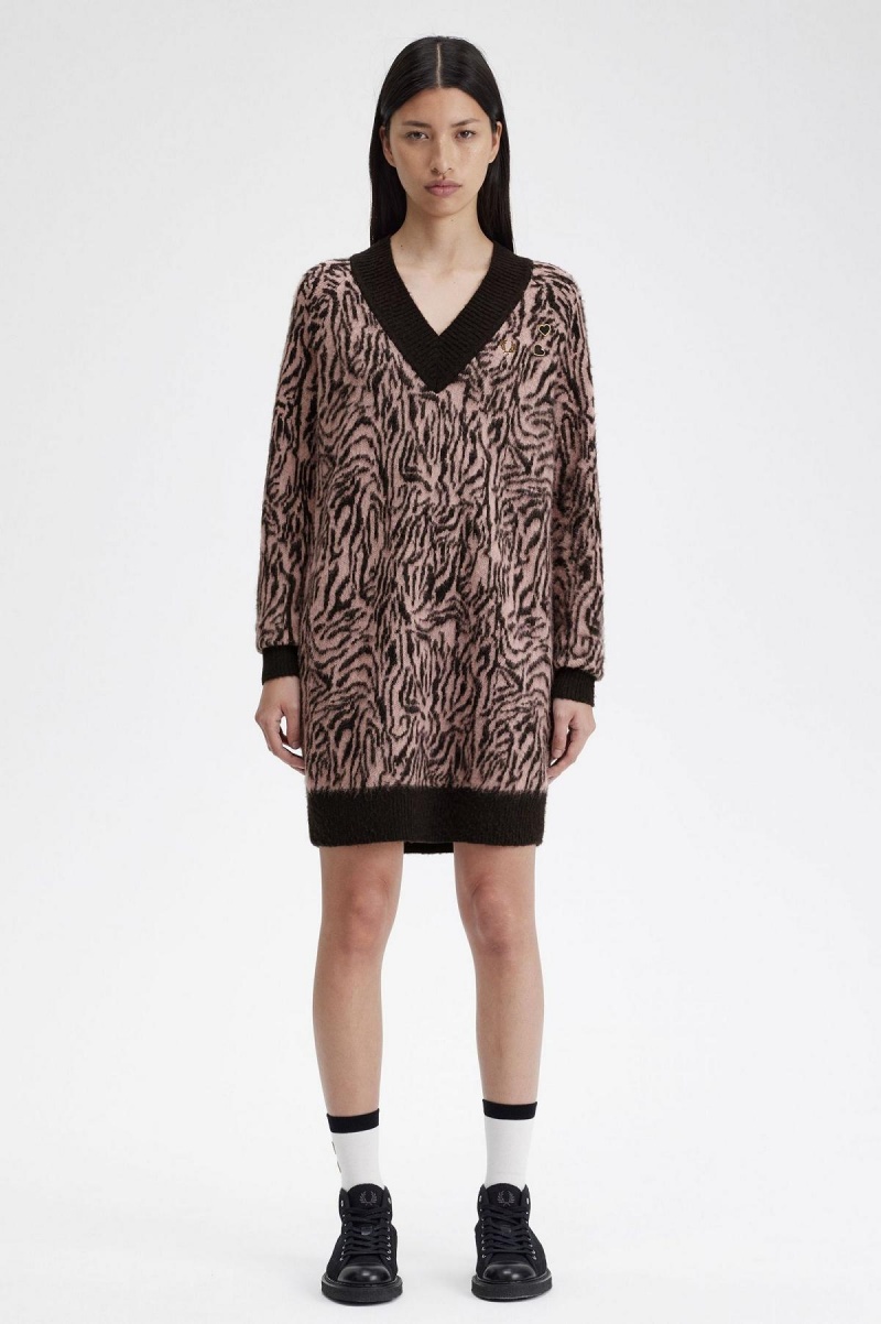 Fred Perry Zebra Gestrickt Kleid Damen Rosa Rosa | CHQCS98477