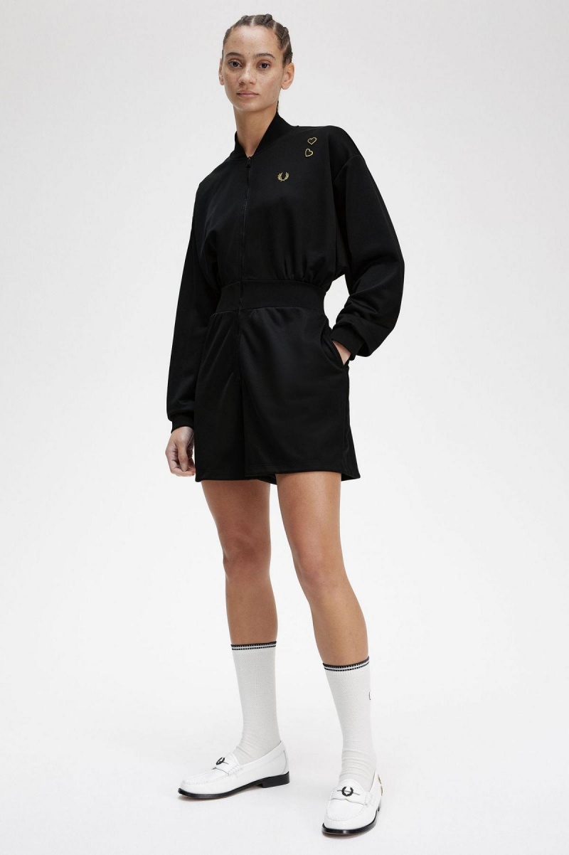 Fred Perry Zip-Through Playsuit Kleid Damen Schwarz | CHJZR81853