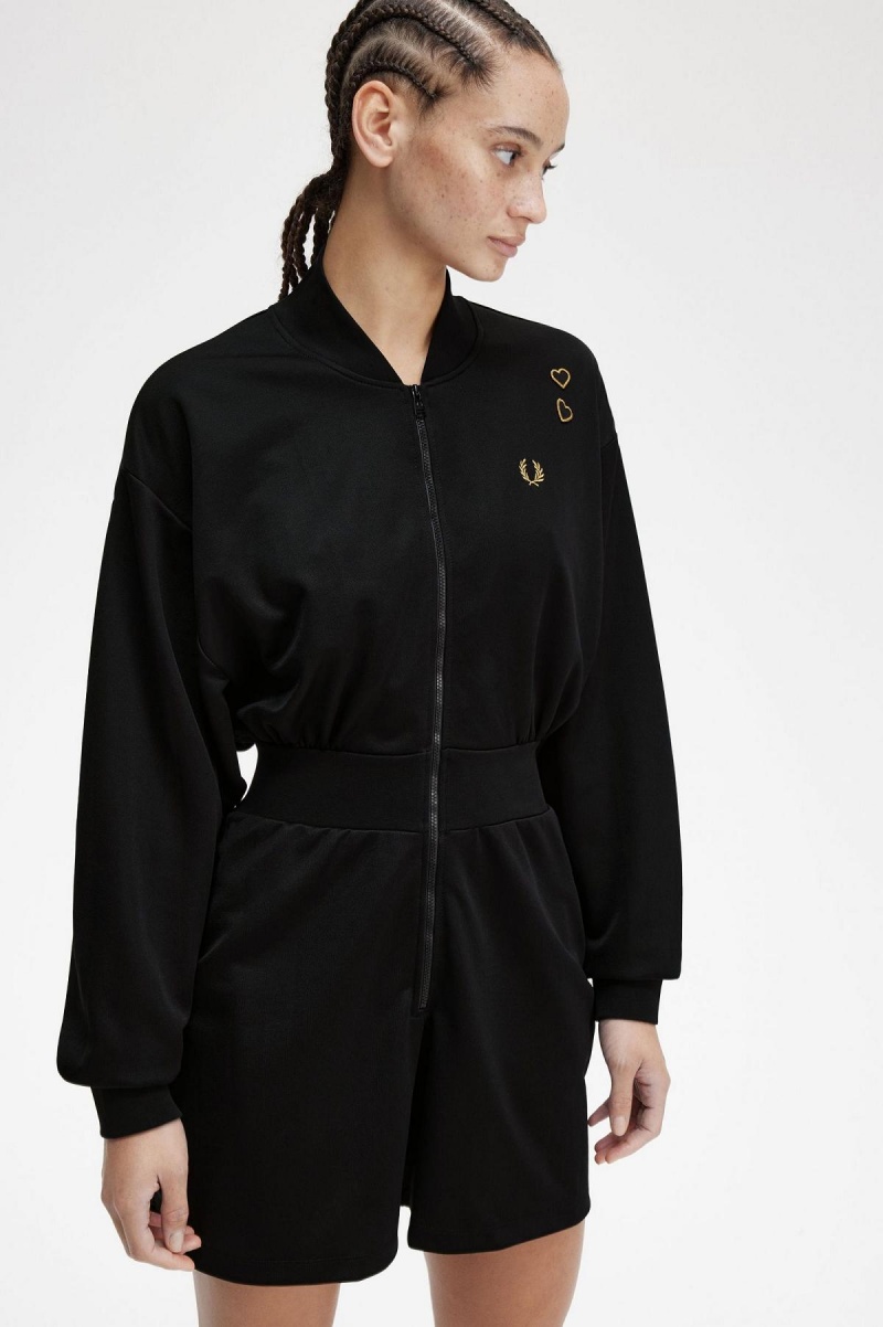Fred Perry Zip-Through Playsuit Kleid Damen Schwarz | CHJZR81853