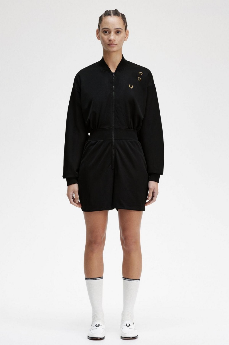 Fred Perry Zip-Through Playsuit Kleid Damen Schwarz | CHJZR81853